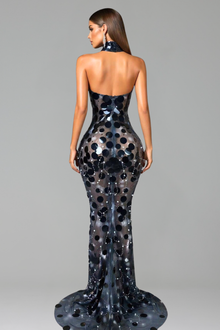 Sequin Disc Strapless Choker Gown - LAROSABRIDE
