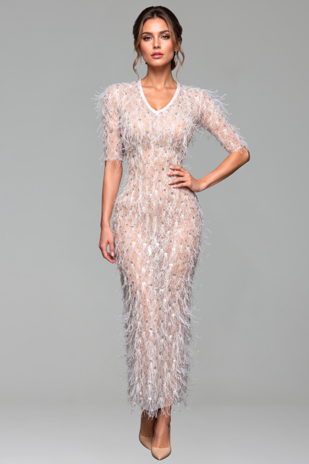 Feather Embellished Sheer Midi Dress - LAROSABRIDE