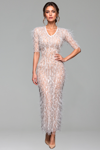 Feather Embellished Sheer Midi Dress - LAROSABRIDE