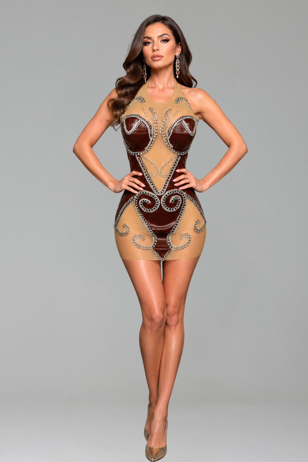 Chain Embellished Halter Mini Dress - LAROSABRIDE