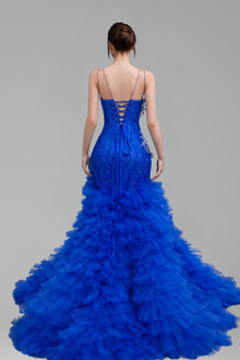 Plunging Corset Ruffle Evening Dress - LAROSABRIDE