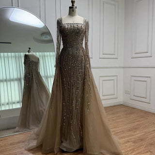 2025 Arabic Caramel Beaded Mermaid Evening Gown with Overskirt – Luxury Formal Dress for Women