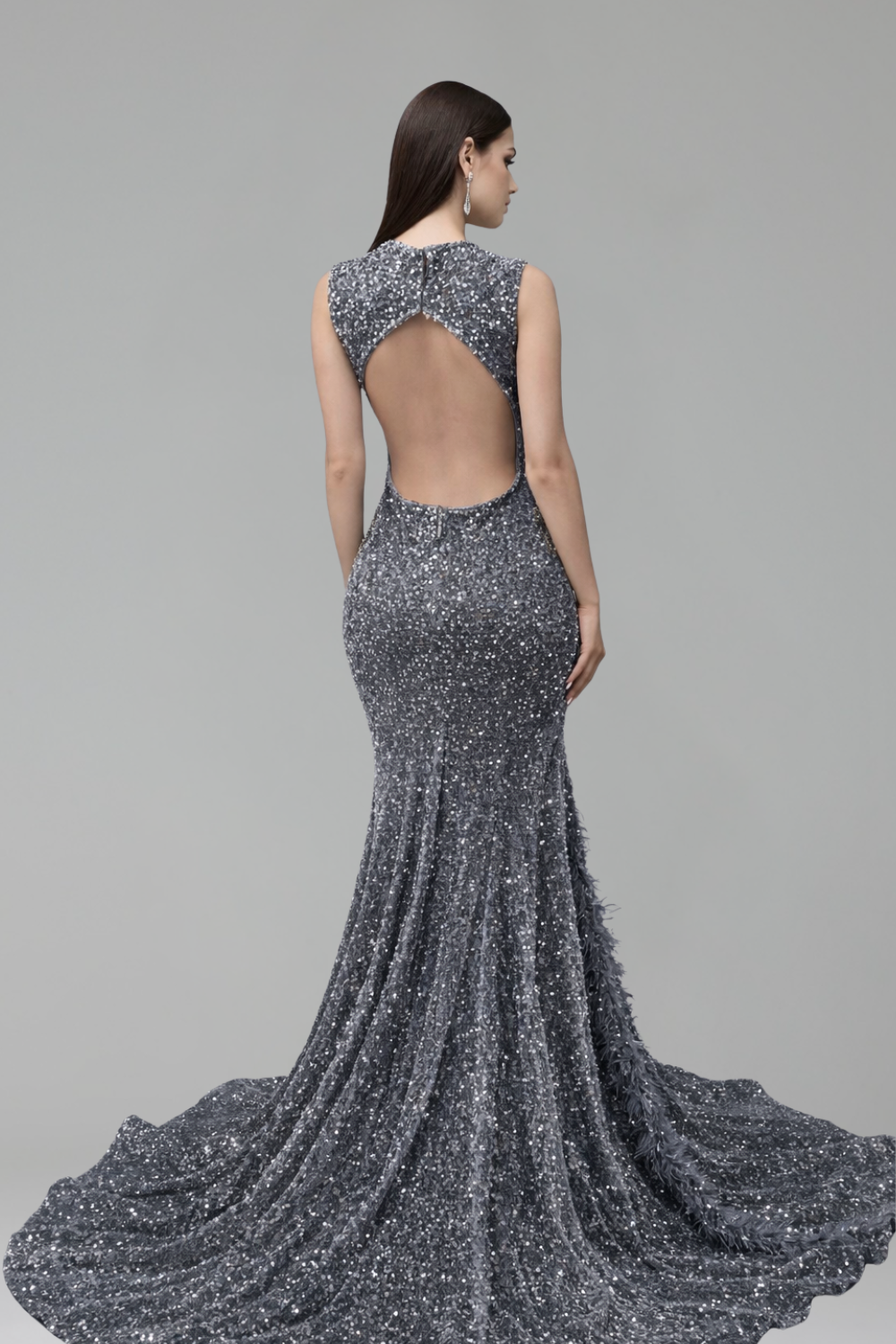Illusion Embroidered Feathered Slit Gown - LAROSABRIDE