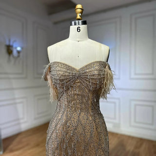 Ships in 2 to 5 Days -2025 Custom Nude Beaded Mermaid Evening Dress – Formal Gown with Feathered Details