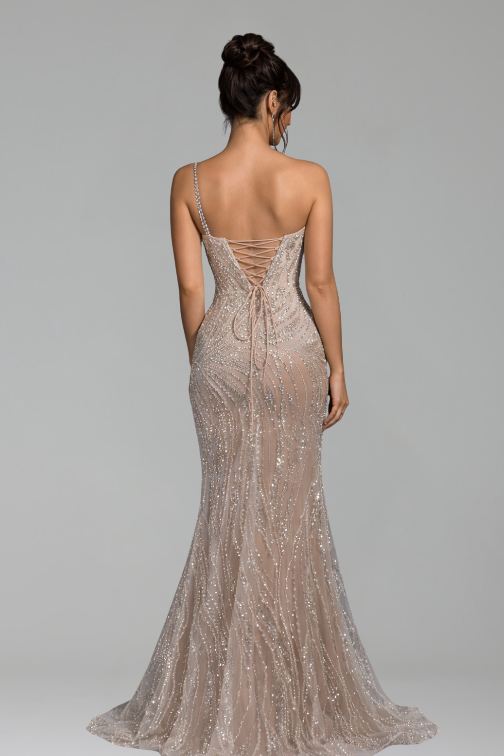 Nude Beaded One-Shoulder Gown - LAROSABRIDE