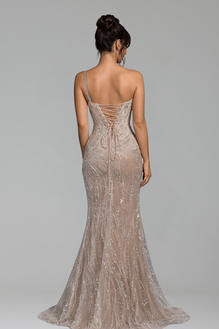Nude Beaded One-Shoulder Gown - LAROSABRIDE