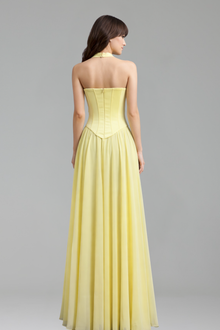 Yellow Chiffon Halter Beaded Dress - LAROSABRIDE
