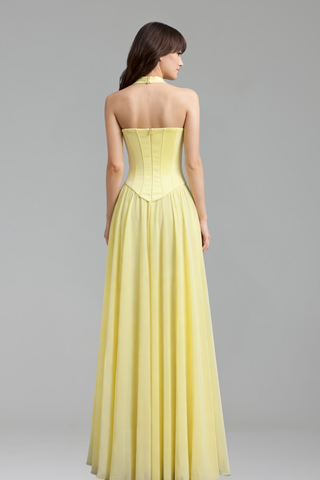 Yellow Chiffon Halter Beaded Dress - LAROSABRIDE
