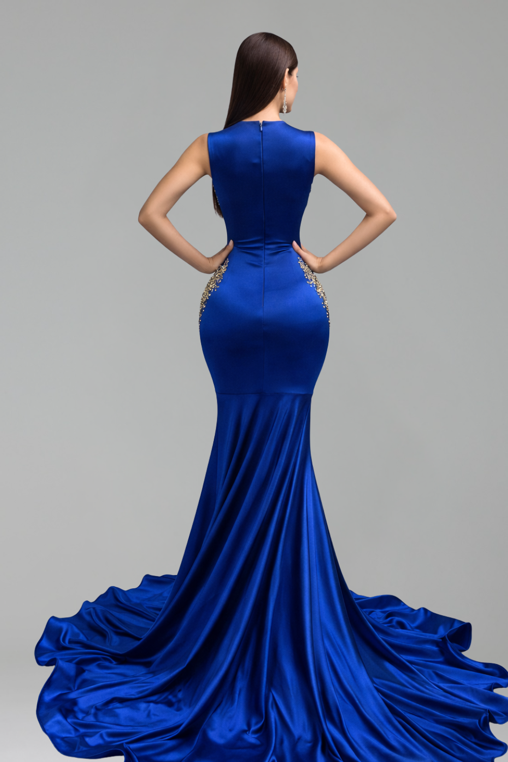 Illusion Cutout Embellished Satin Mermaid Gown - LAROSABRIDE