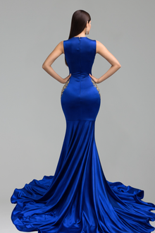 Illusion Cutout Embellished Satin Mermaid Gown - LAROSABRIDE
