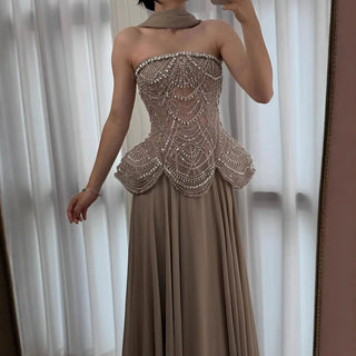 Ships in 2 to 5 Days -Luxury Designer Nude Beaded Chiffon Evening Gown for Women – Elegant Dress for Weddings & Formal Parties
