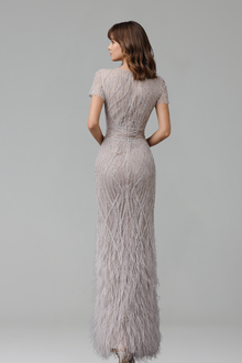 Black Ankle-Length Feather Beaded Dress - LAROSABRIDE