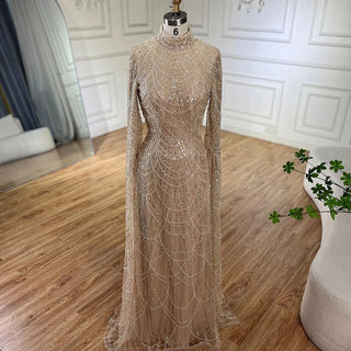 Ships in 2 to 5 Days - 2025 Muslim Nude Mermaid Cape Sleeves Luxury Dubai Evening Gown Pearls Beaded Dress for Women's Party