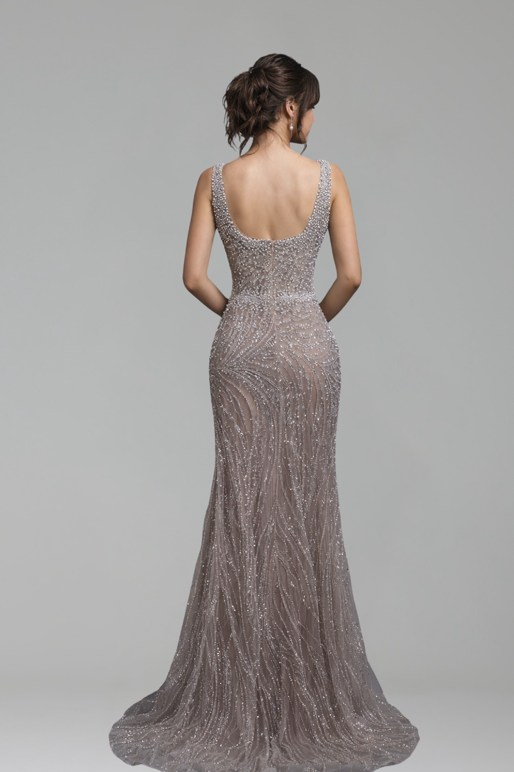 White Nude Spaghetti Strap Beaded Gown - LAROSABRIDE