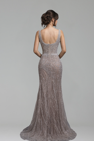 White Nude Spaghetti Strap Beaded Gown - LAROSABRIDE