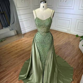 Ships in 2 to 5 Days - Sage Green Beaded Evening Gown – Elegant Dress with Detachable Overskirt for Parties