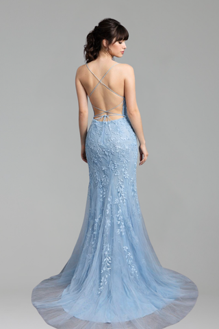 Blue Mermaid Beaded Gown with Lace-Up Back - LAROSABRIDE