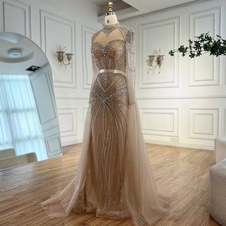 Ships in 2 to 5 Days - Luxury Nude Beaded Arabic-Style Evening Dress – Elegant Gown with Detachable Overskirt