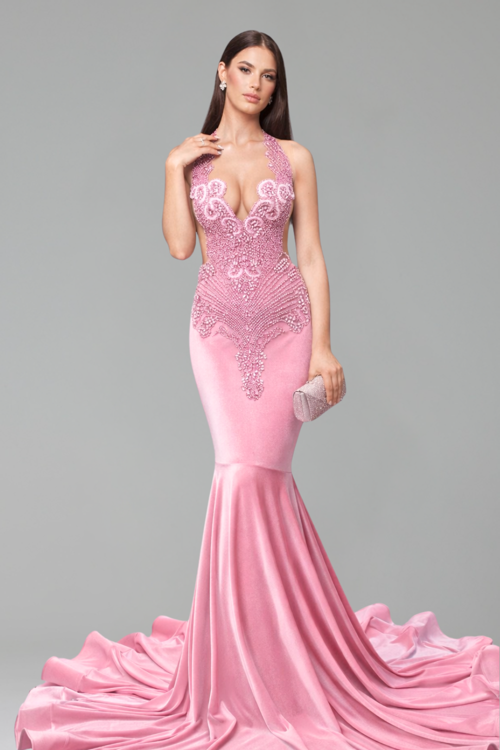 Embellished Halter Deep V Mermaid Gown - LAROSABRIDE