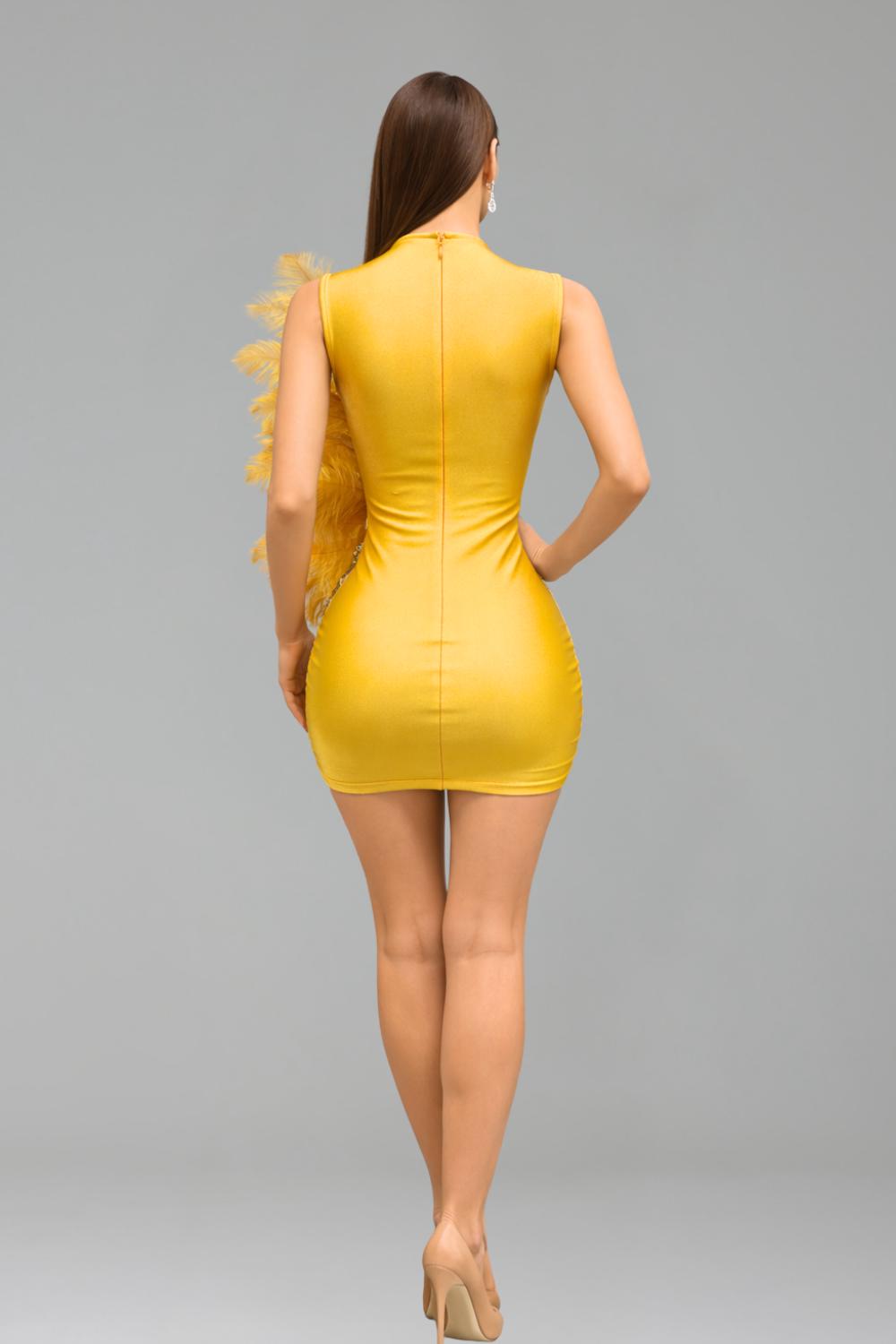 Asymmetric Feather Embellished Mini Dress - LAROSABRIDE