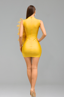 Asymmetric Feather Embellished Mini Dress - LAROSABRIDE