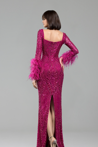 Fuchsia Beaded Feathered Mermaid Gown - LAROSABRIDE