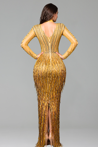 High Neck Embellished Fringe Evening Gown