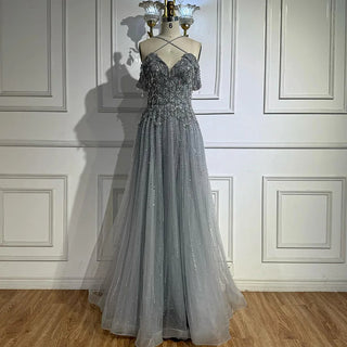 Ships in 2 to 5 Days - Luxury Customized Gray Beaded Arabic Off-Shoulder A-Line Evening Dress – 2025 Collection