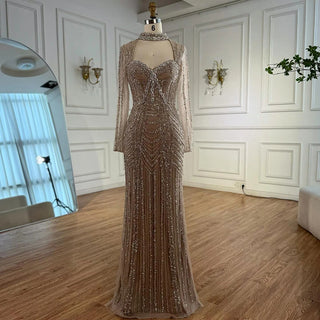 Ships in 2 to 5 Days - 2025 Caramel Beaded Mermaid Evening Gown – Long Sleeve Formal Dress for Weddings & Parties