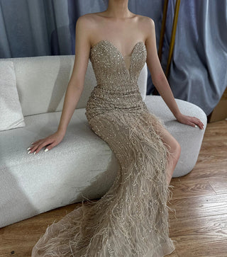 Ships in 2 to 5 Days - 2025 Arabic Strapless Blue Beaded Feathers Luxury Dubai Evening Gowns with Side Skirt for Women's Party