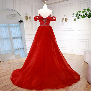 Ships in 2 to 5 Days - Luxury Red Beaded Mermaid Evening Dress – Gown with Overskirt and Thigh-High Slit