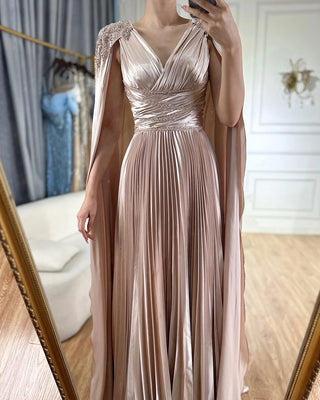 Ships in 2 to 5 Days - 2025 Nude Beaded Satin A-Line Evening Gown with Cape Sleeves - Saudi Arabic Formal Dress