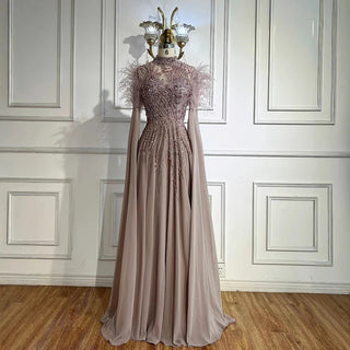 Ships in 2 to 5 Days - Feather-Trimmed High Neck Beaded A-Line Evening Gown with Sheer Cape Sleeves