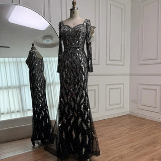 Luxury Black & Silver Sequin‑Embellished Mermaid Evening Gown – Long‑Sleeve 2025 Edition