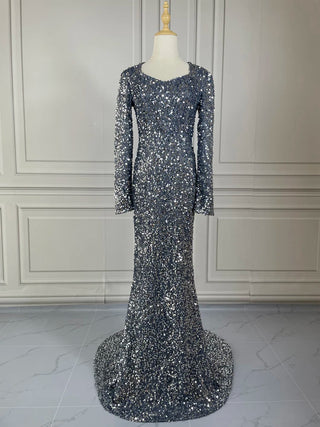 Ships in 2 to 5 Days – Stretch Sequined Maxi Dress - Full Sleeve V-Neck Mermaid Evening Gown for Parties in Grey, Black, and Burgundy