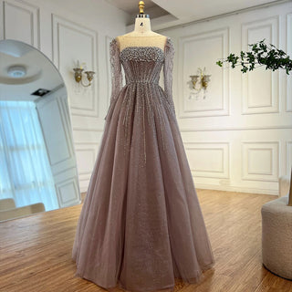 Ships in 2 to 5 Days -Luxury Caramel Sparkly A-Line Evening Dress – Long Sleeve Ball Gown for Prom & Parties