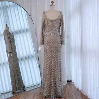 Luxury Pearl Beaded Mermaid Evening Gown with Long Sleeves – Formal Occasion Dress