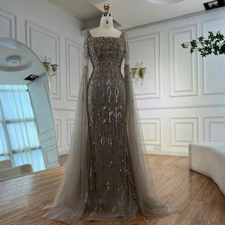 Ships in 2 to 5 Days - Luxury Caramel Saudi-Inspired Evening Dress – Elegant Gown with Long Sleeves and Flowing Cape