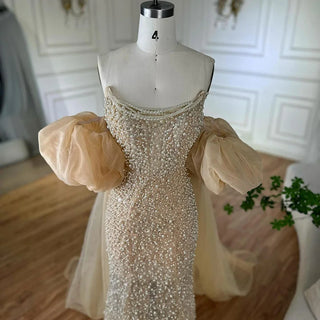 Ships in 2 to 5 Days - 2025 White Beaded Strapless Evening & Wedding Gown with Detachable Puffy Sleeves – Formal Party Dress