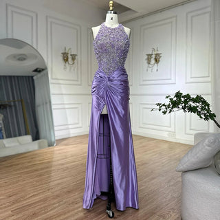 Ships in 2 to 5 Days - 2025 Arabic Lilac Halter Neck Side Slit Mermaid Luxury Dubai Evening Gown Beaded Dress for Women's Party