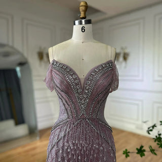 Ships in 2 to 5 Days -2025 Custom Saudi-Style Off-Shoulder Beaded Nude Tulle Mermaid Evening Dress – Formal Occasion Gown