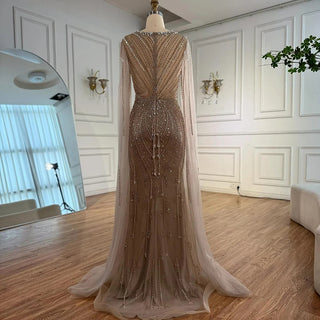 Ships in 2 to 5 Days - Luxury Beige-Pink Beaded Evening Gown – 2025 Formal Dress with Cape Sleeves