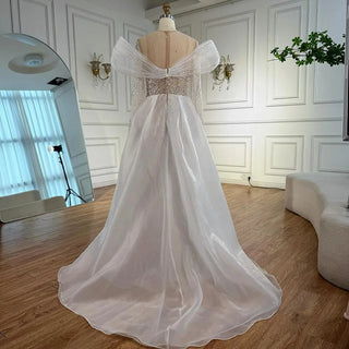 Ships in 2 to 5 Days - Luxury White Nude Beaded Mermaid Evening Dress – Saudi-Inspired Formal Gown with Overskirt