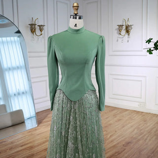Ships in 2 to 5 Days -Elegant Sage Green Muslim Evening Dress – Modest Gown with Beaded Skirt for Wedding Parties