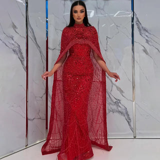 Ships in 2 to 5 Days - Luxury Nude Mermaid Evening Gown with Long Cape – Saudi Arabic Formal Dress