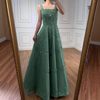 Elegant Beaded A-Line Evening Dress with Square Neckline for Women