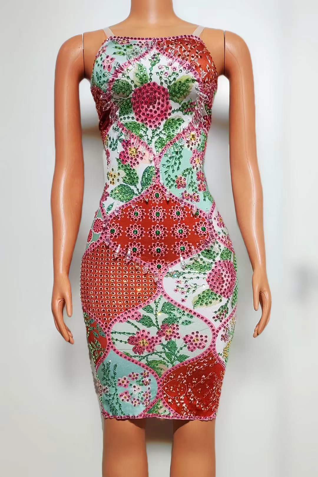 Vibrant Floral Embellished Bodycon Dress