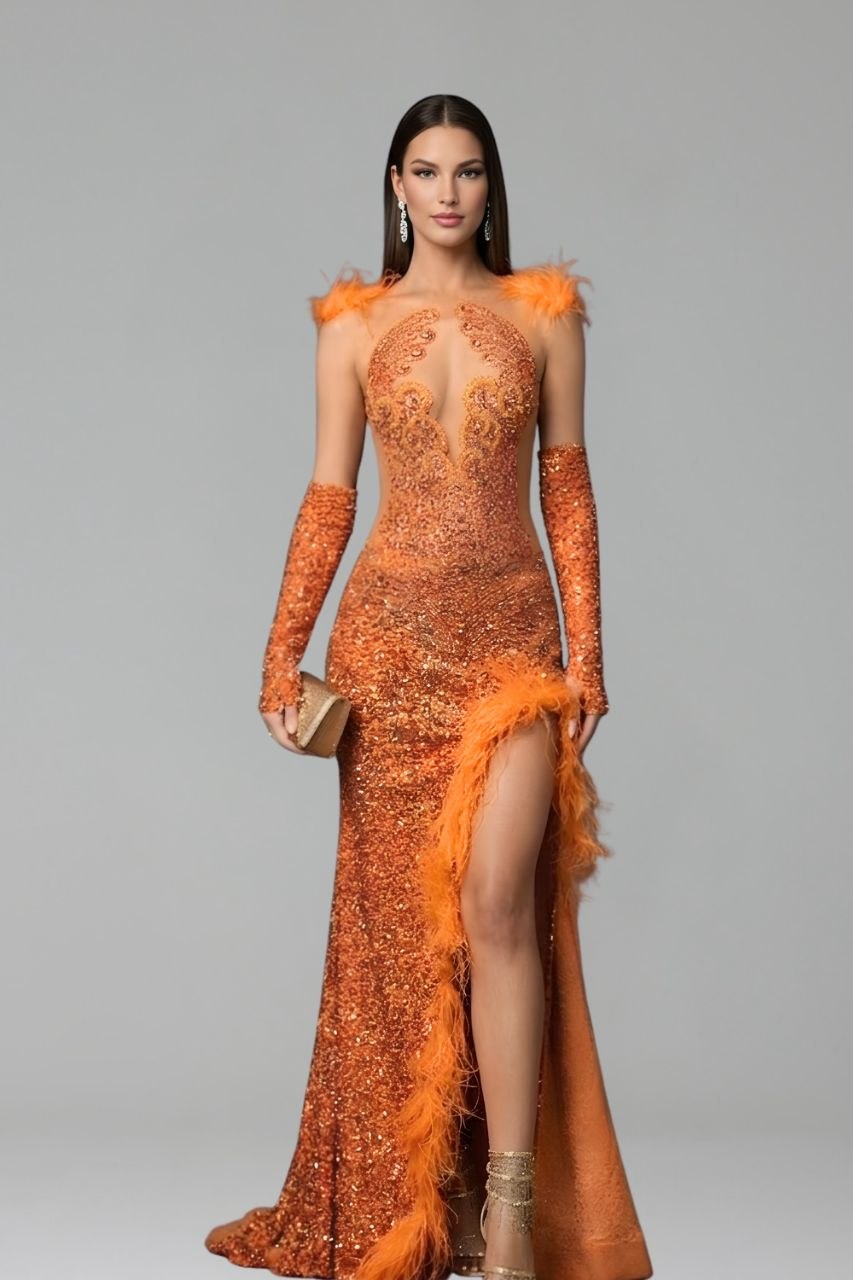 Sheer Embellished Feather Trim Gown - LAROSABRIDE