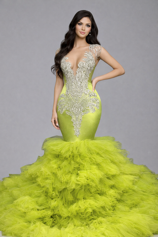 Beaded Ruffle Train Mermaid Gown - LAROSABRIDE