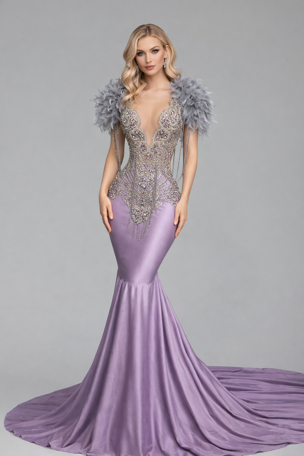 Feathered Beaded Mermaid Gown - LAROSABRIDE